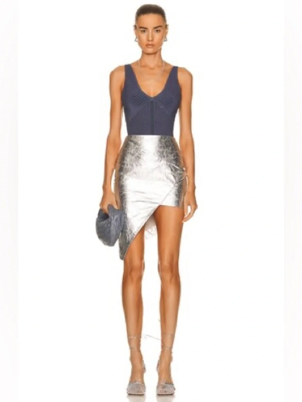Zeynep Arcay Asymmetric Mini Silver Crackle Lamb Leather Skirt Size US 6